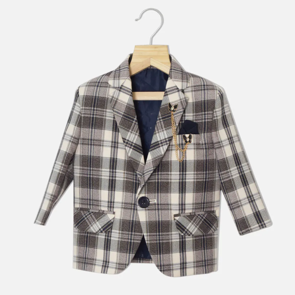 Beige & Brown Tartan Checked Suit Set