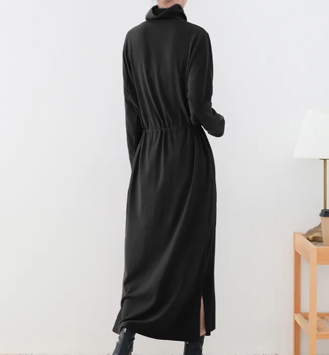 Black High Collar Side Slit Long Sleeve Women Dresses Casual Women Dresses SSM97215