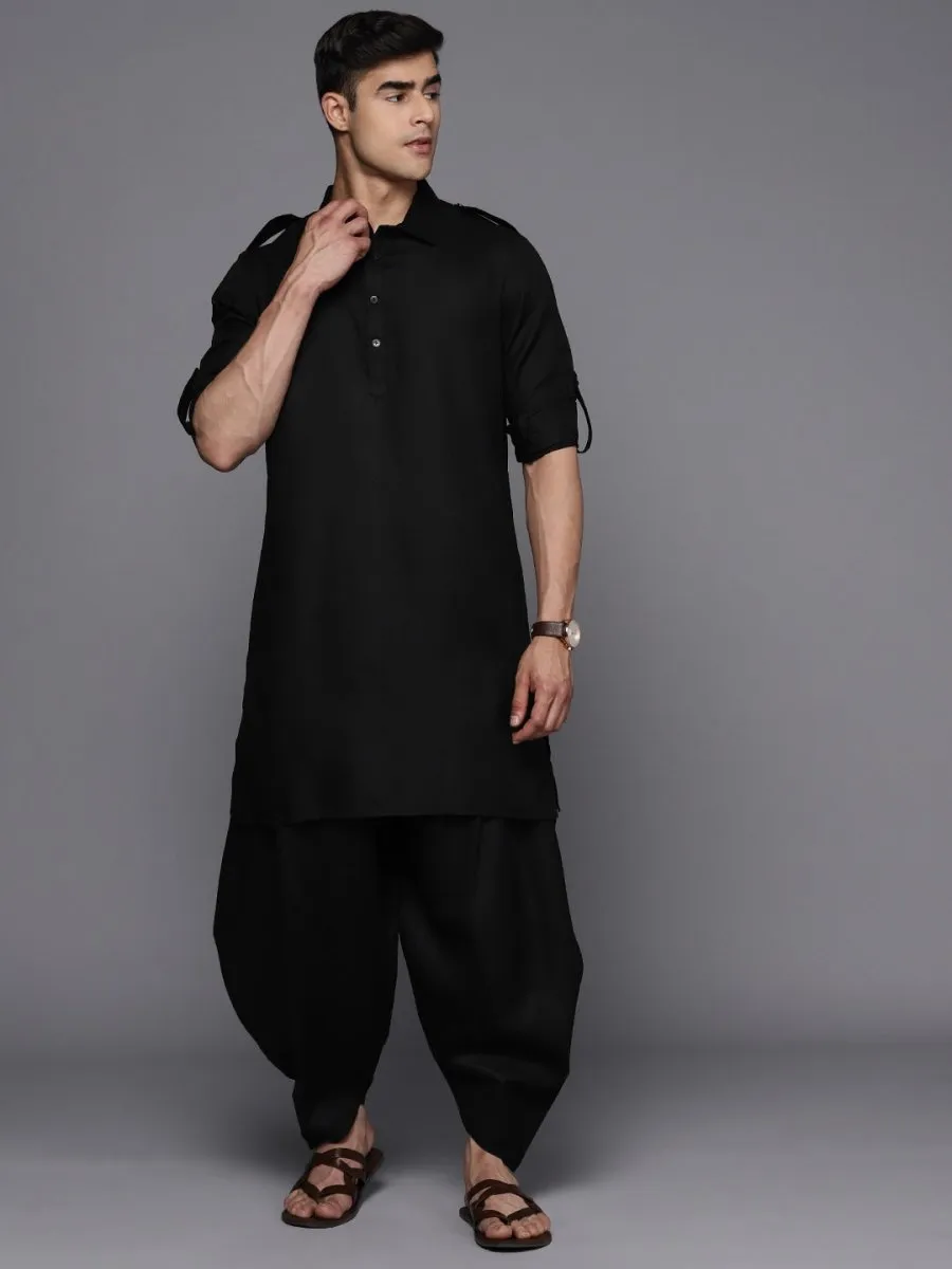 Black Pathani Linen Blend Kurta with Dhoti Pants