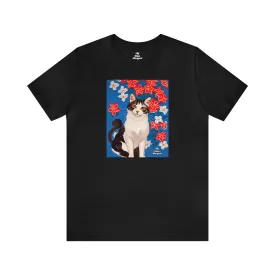 Cat with Red and White Flowers, Soft 100% Jersey Cotton T-Shirt, Unisex, Short Sleeve, Retail Fit