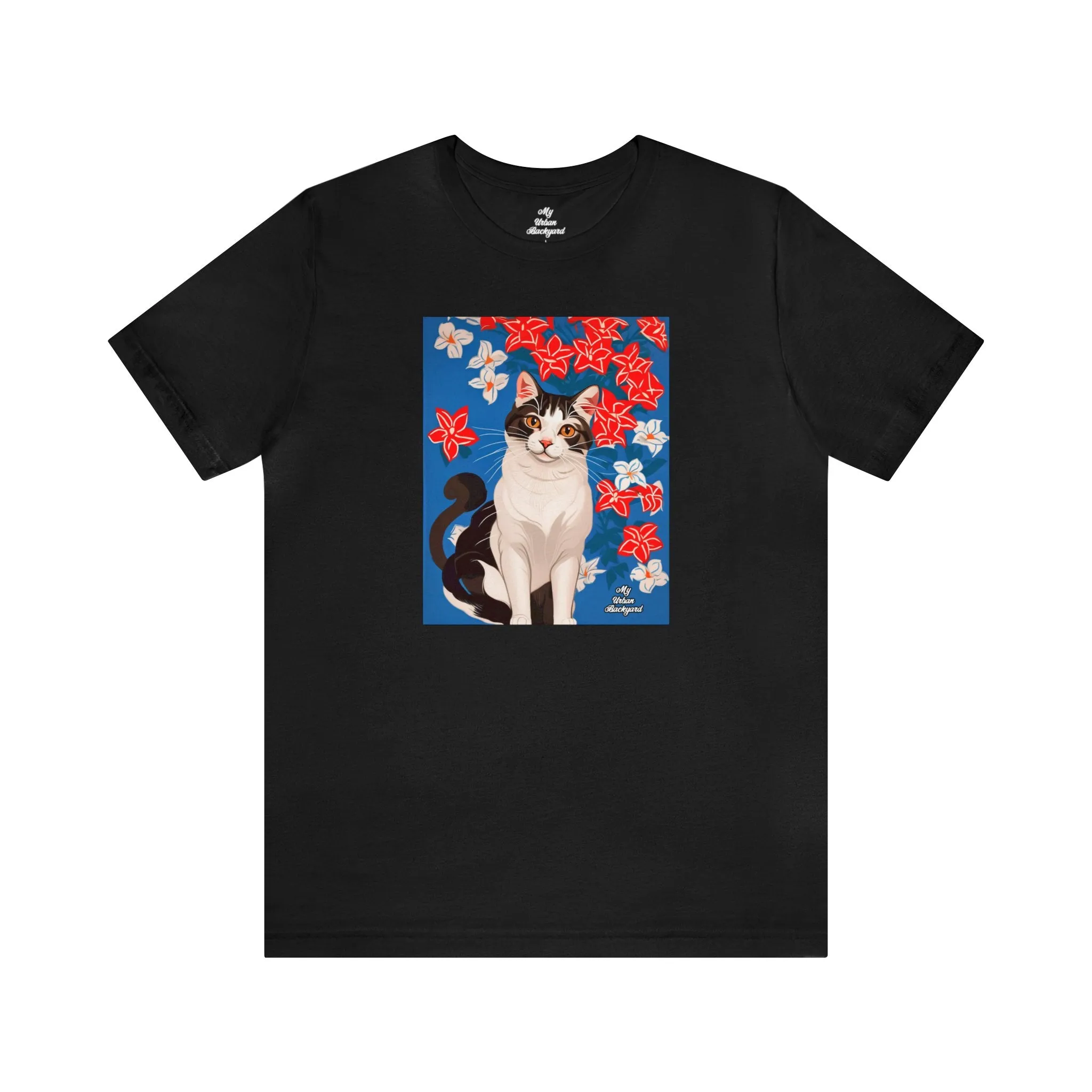 Cat with Red and White Flowers, Soft 100% Jersey Cotton T-Shirt, Unisex, Short Sleeve, Retail Fit