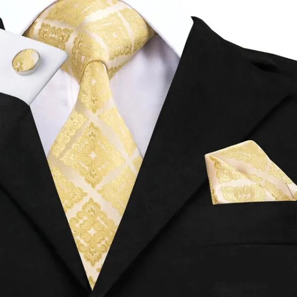 Classy Men Gold Yellow Square Floral Silk Tie