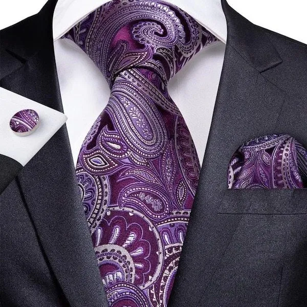 Classy Men Purple White Paisley Silk Tie