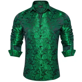 DiBanGu Shirts for Men Green Floral Silk Men's Button Down shirt