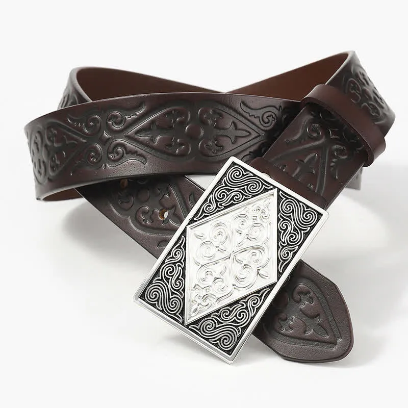 Embossing Western Rectangular Buckle Leather Belt