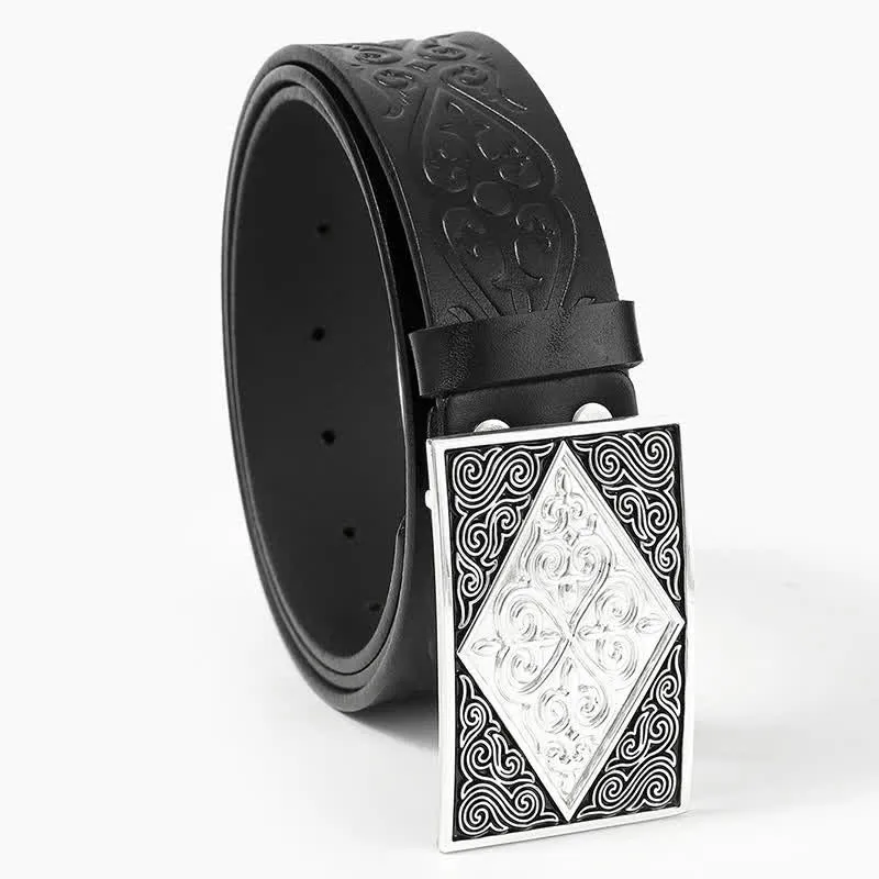 Embossing Western Rectangular Buckle Leather Belt