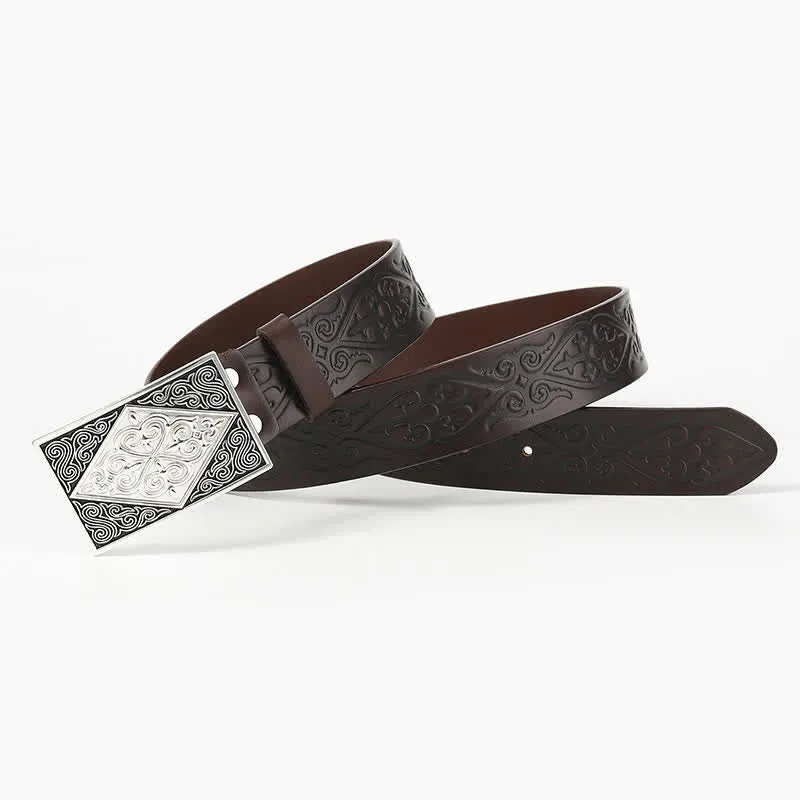 Embossing Western Rectangular Buckle Leather Belt