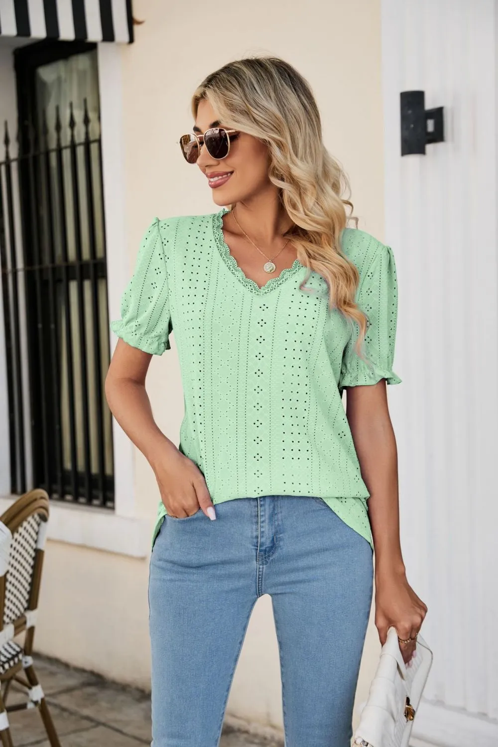 Eyelet Flounce Sleeve Scalloped V-Neck Top