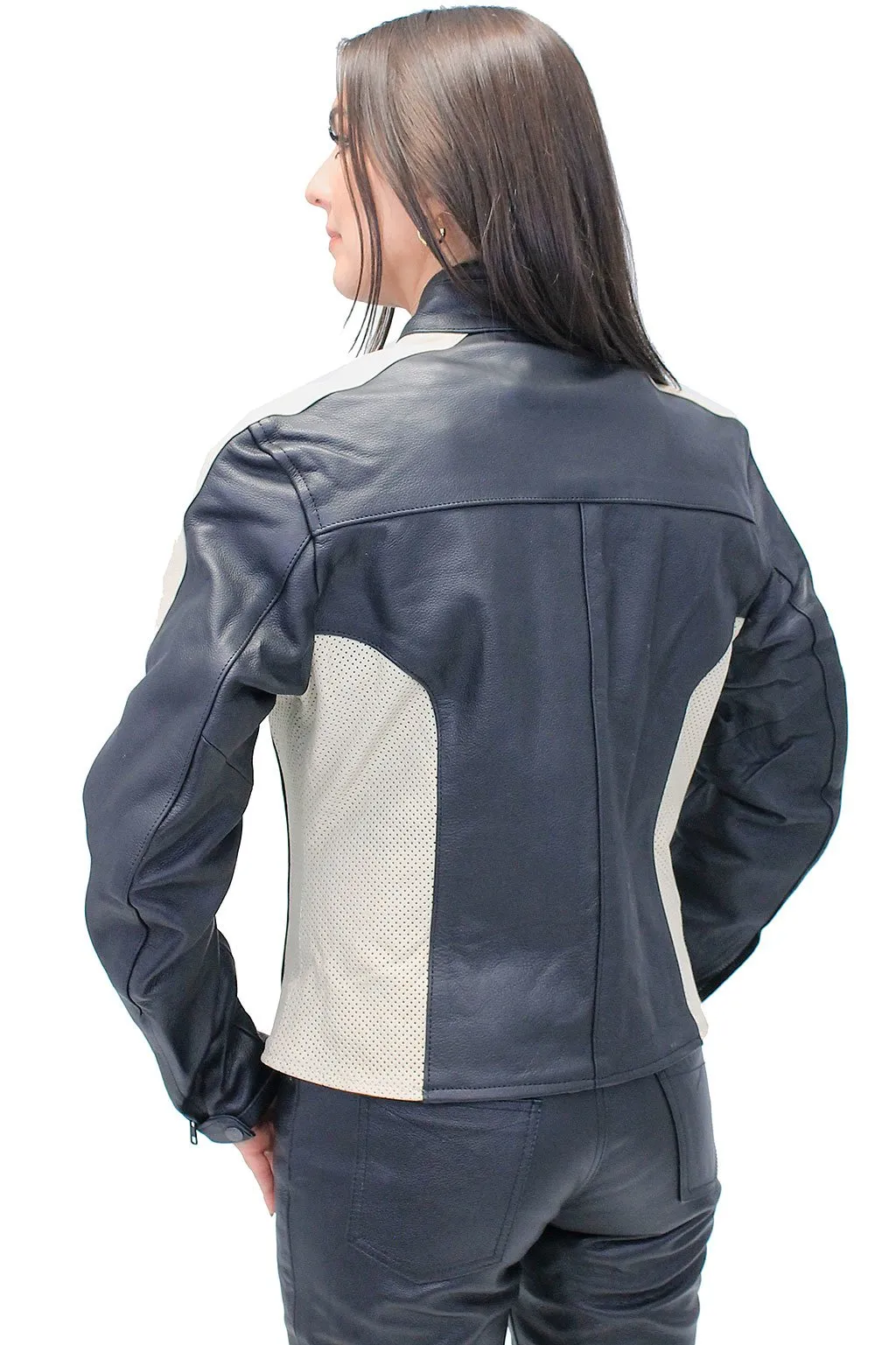 Genuine Leather Women's Cream Trim Vented Motorcycle Jacket #L16910ZC ()