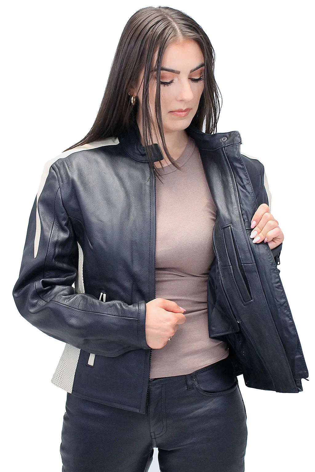 Genuine Leather Women's Cream Trim Vented Motorcycle Jacket #L16910ZC ()