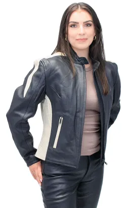 Genuine Leather Women's Cream Trim Vented Motorcycle Jacket #L16910ZC ()