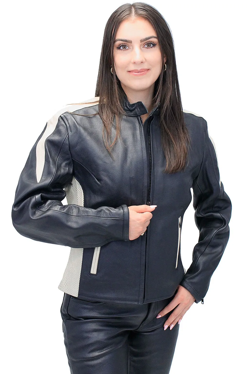 Genuine Leather Women's Cream Trim Vented Motorcycle Jacket #L16910ZC ()