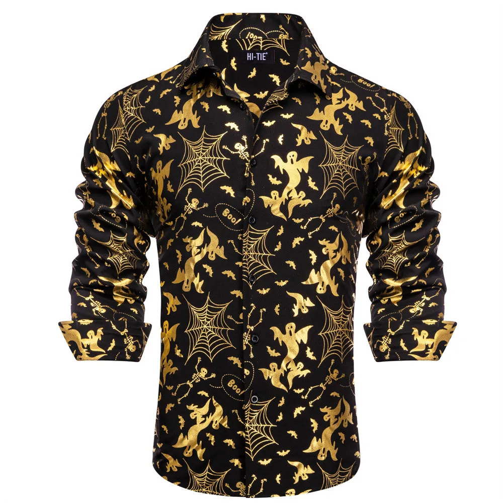 Hi-Tie Black Gold Ghosts Men Shirt Long Sleeve Shirt