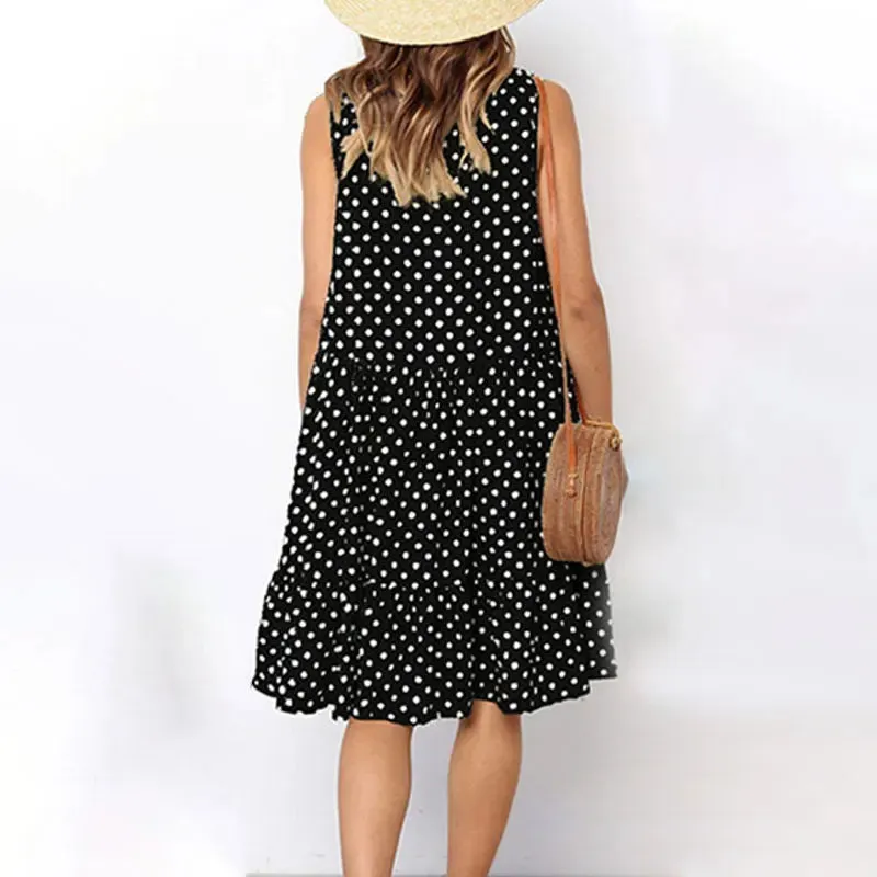 Holiday Summer Casual Sun Ruffles Dotted O-neck Tank Vacation A-Line Sleeveless Flouncing Dress