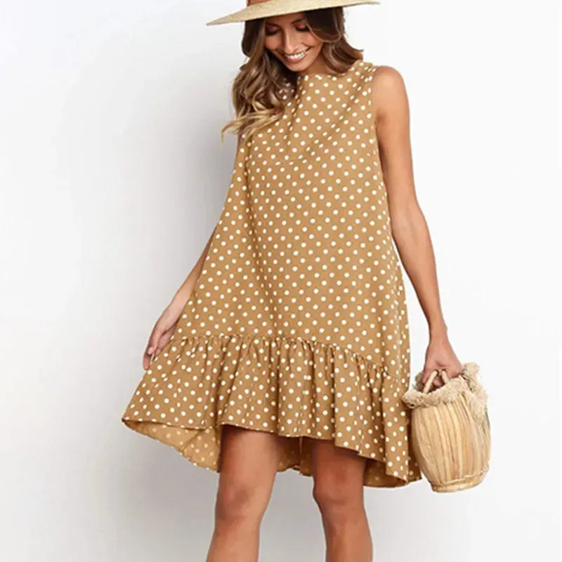 Holiday Summer Casual Sun Ruffles Dotted O-neck Tank Vacation A-Line Sleeveless Flouncing Dress