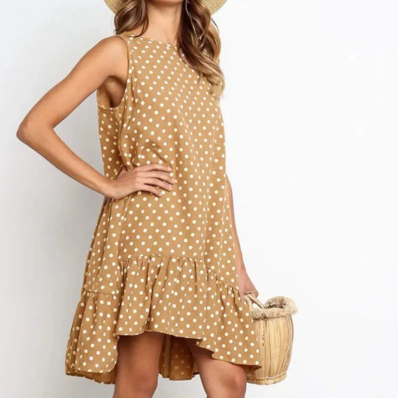 Holiday Summer Casual Sun Ruffles Dotted O-neck Tank Vacation A-Line Sleeveless Flouncing Dress