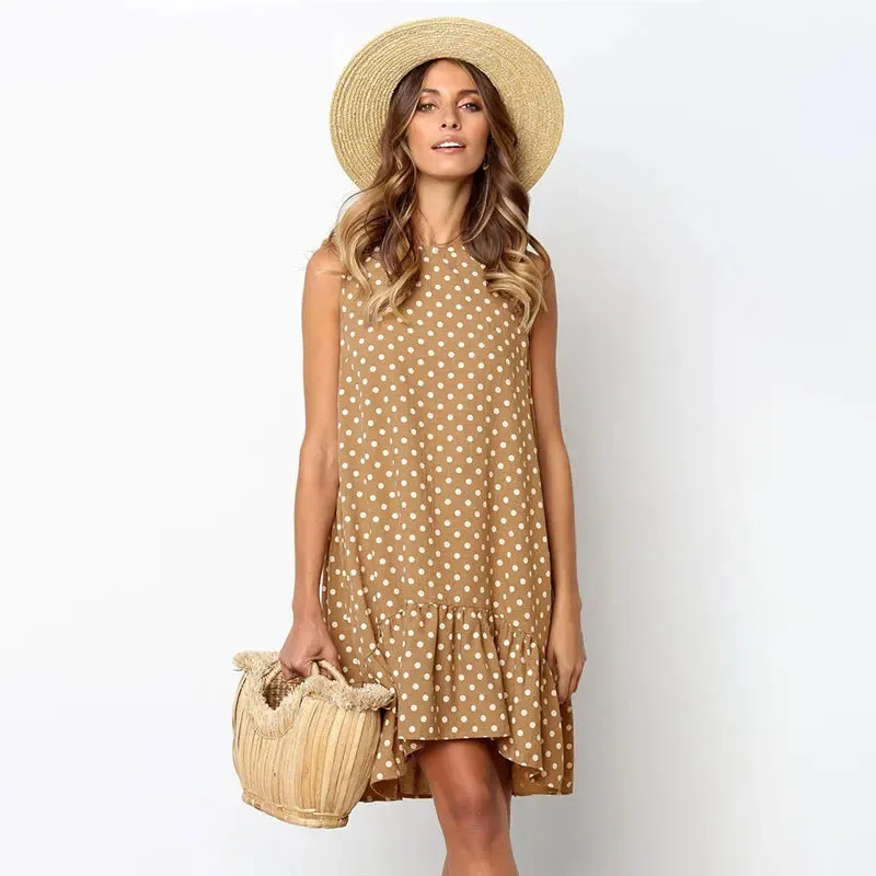 Holiday Summer Casual Sun Ruffles Dotted O-neck Tank Vacation A-Line Sleeveless Flouncing Dress