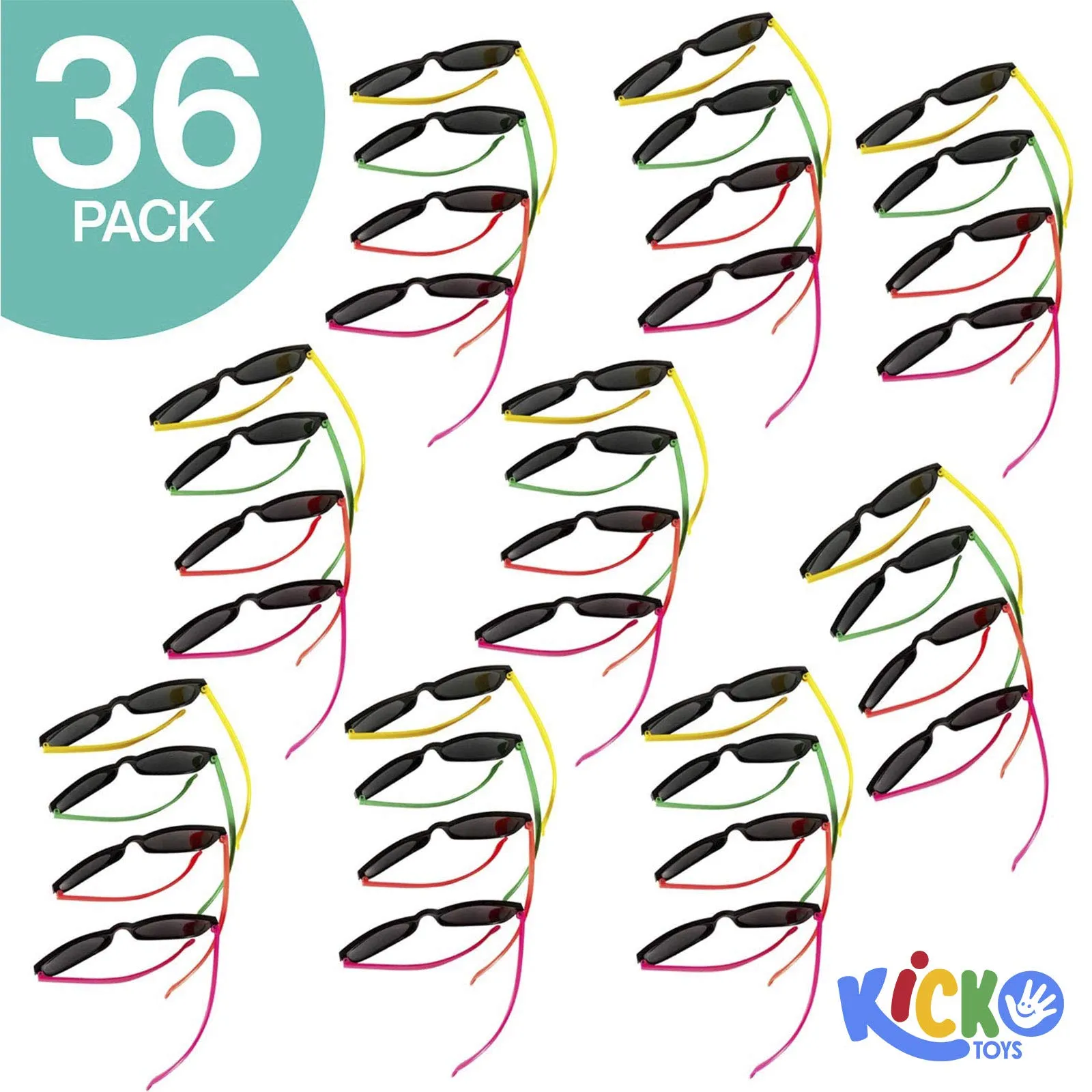 Kicko - Neon Sunglasses with Dark Lenses - 36 Pack 80s Style Unisex Aviators in Assorted