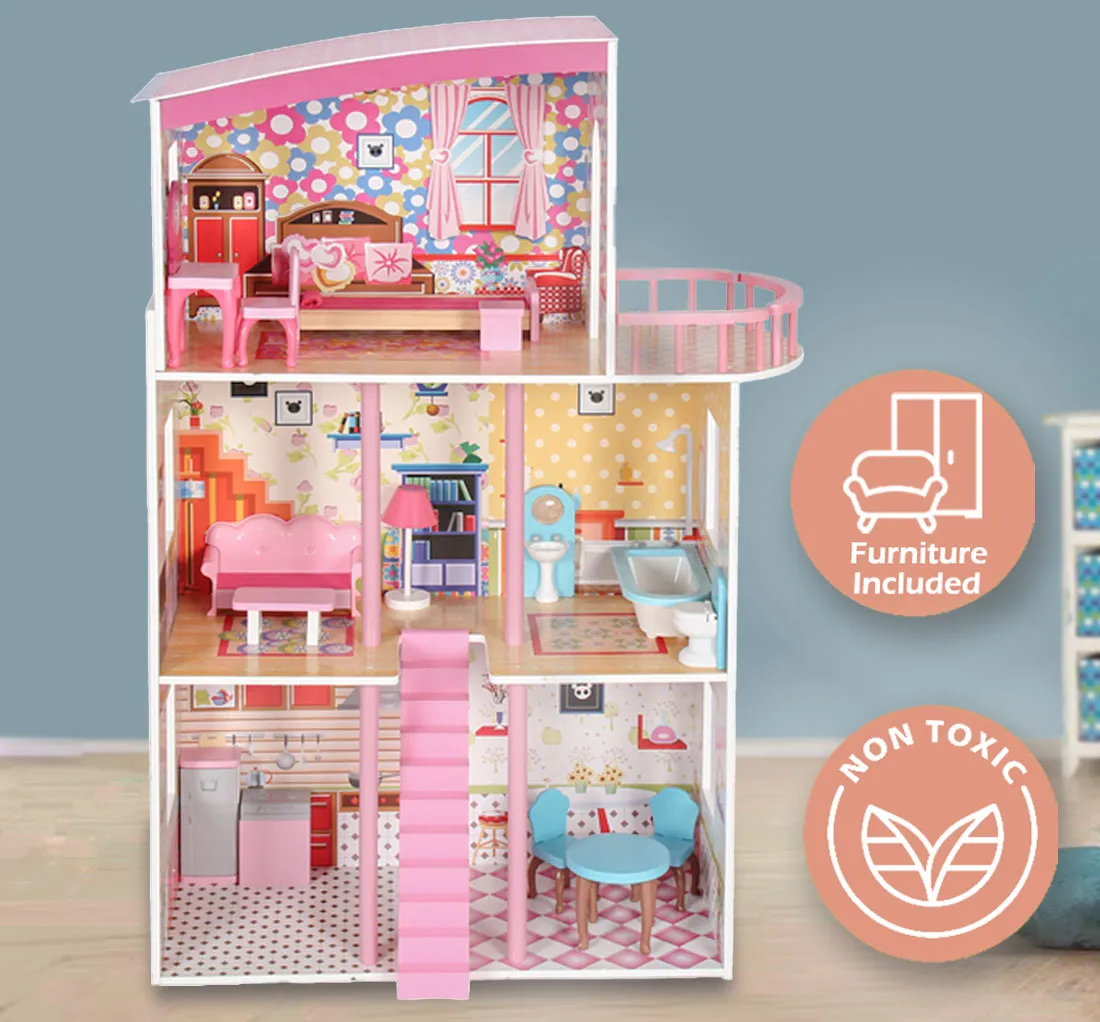 Large Wooden Girls Doll House 3 Level Kids Pretend Play Toys Furniture Dollhouse