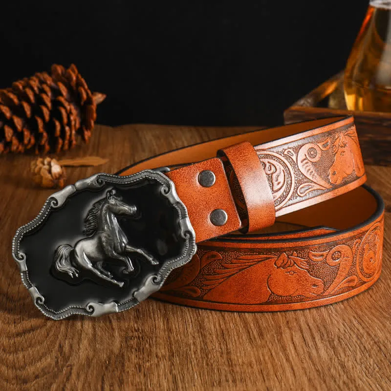 Men's Black Silver Running Horse Leather Belt