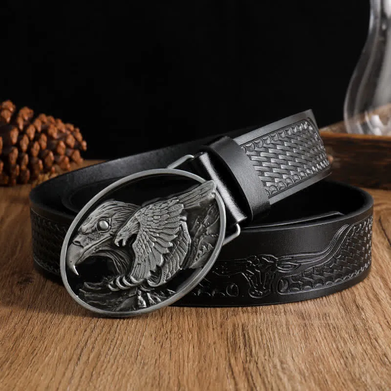 Men's Carved Bald Hawk Eagle Buckle Leather Belt