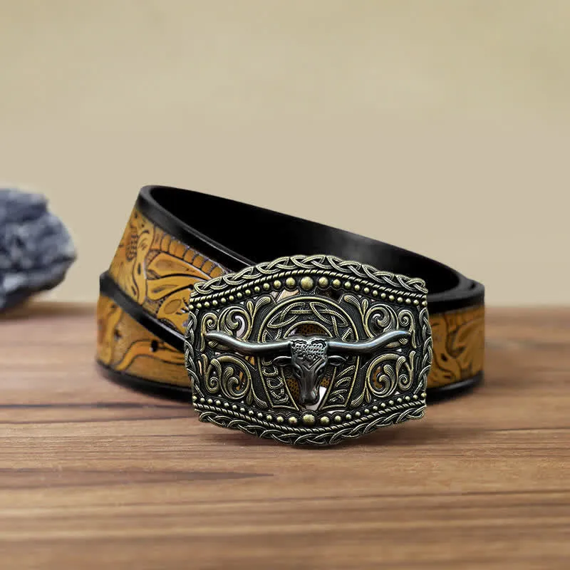 Men's DIY Hollow Bull Head Buckle Leather Belt