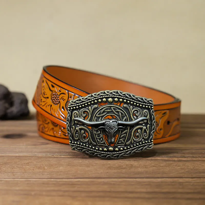 Men's DIY Hollow Bull Head Buckle Leather Belt