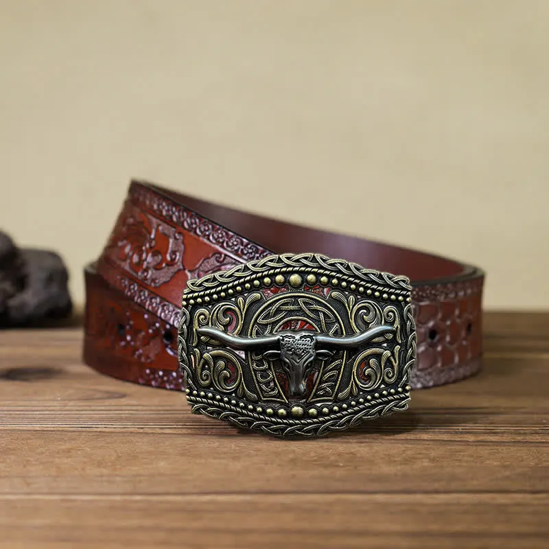 Men's DIY Hollow Bull Head Buckle Leather Belt