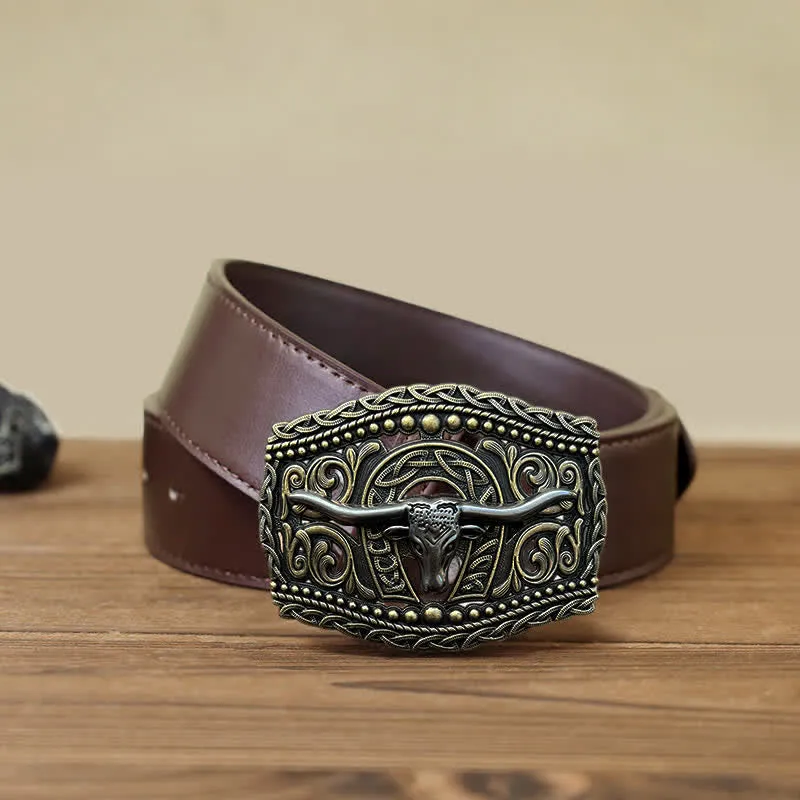 Men's DIY Hollow Bull Head Buckle Leather Belt