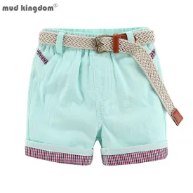 Mudkingdom Summer Boys Shorts with Belt Fashion Plaid Elastic Waist Casual Cotton Solid Color Short Pants for Kids Clothes