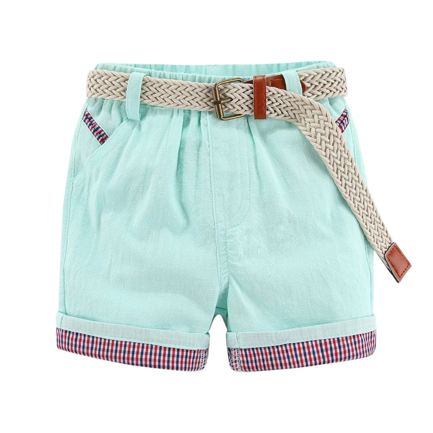 Mudkingdom Summer Boys Shorts with Belt Fashion Plaid Elastic Waist Casual Cotton Solid Color Short Pants for Kids Clothes