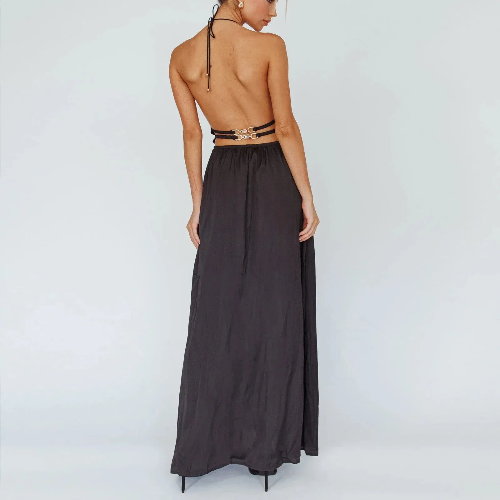 Open Back Long Solid Color Halter Neck Tie-up Sleeveless Cutout Ruched Cocktail Formal Gown Summer Sexy Dress