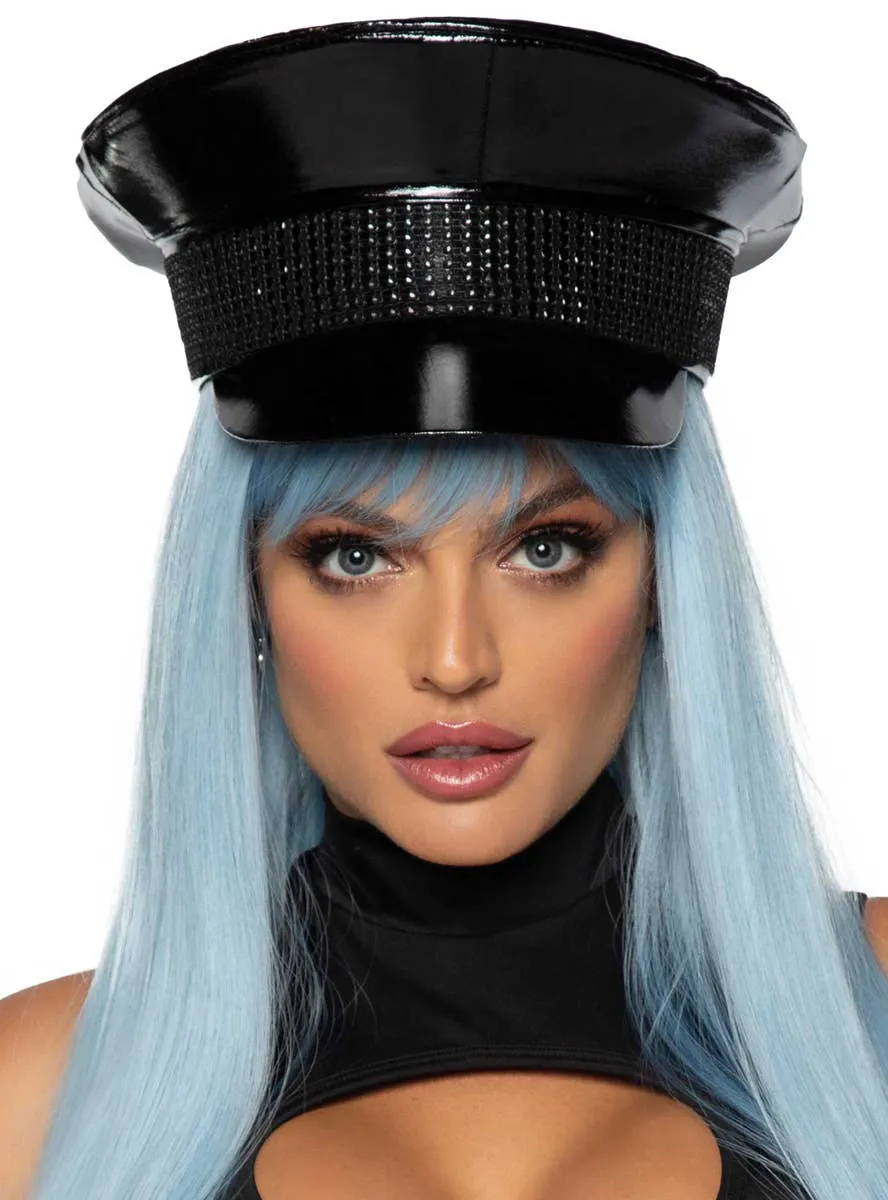 Peaked Black Vinyl Festival Costume Hat with Black Rhinestones