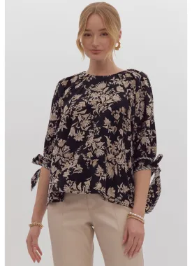 Printed 1/2 Sleeve Blouse with Self-Tie Cuff in Black by Entro