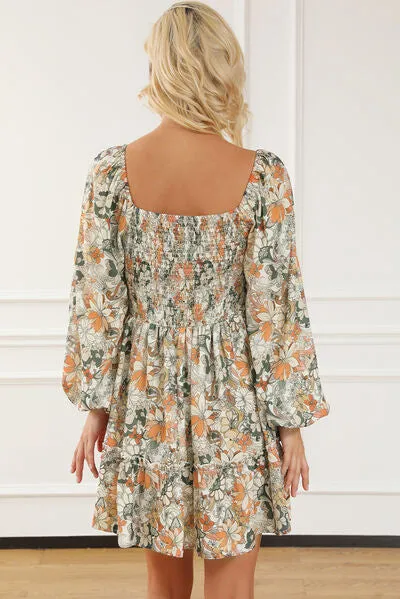 Printed Balloon Sleeve Ruffle Hem Mini Dress