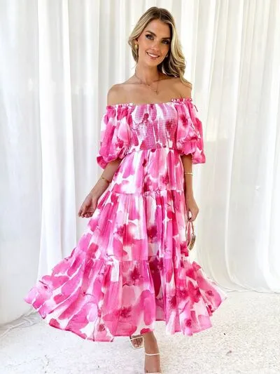 Printed Smocked Off-Shoulder Tiered Dress