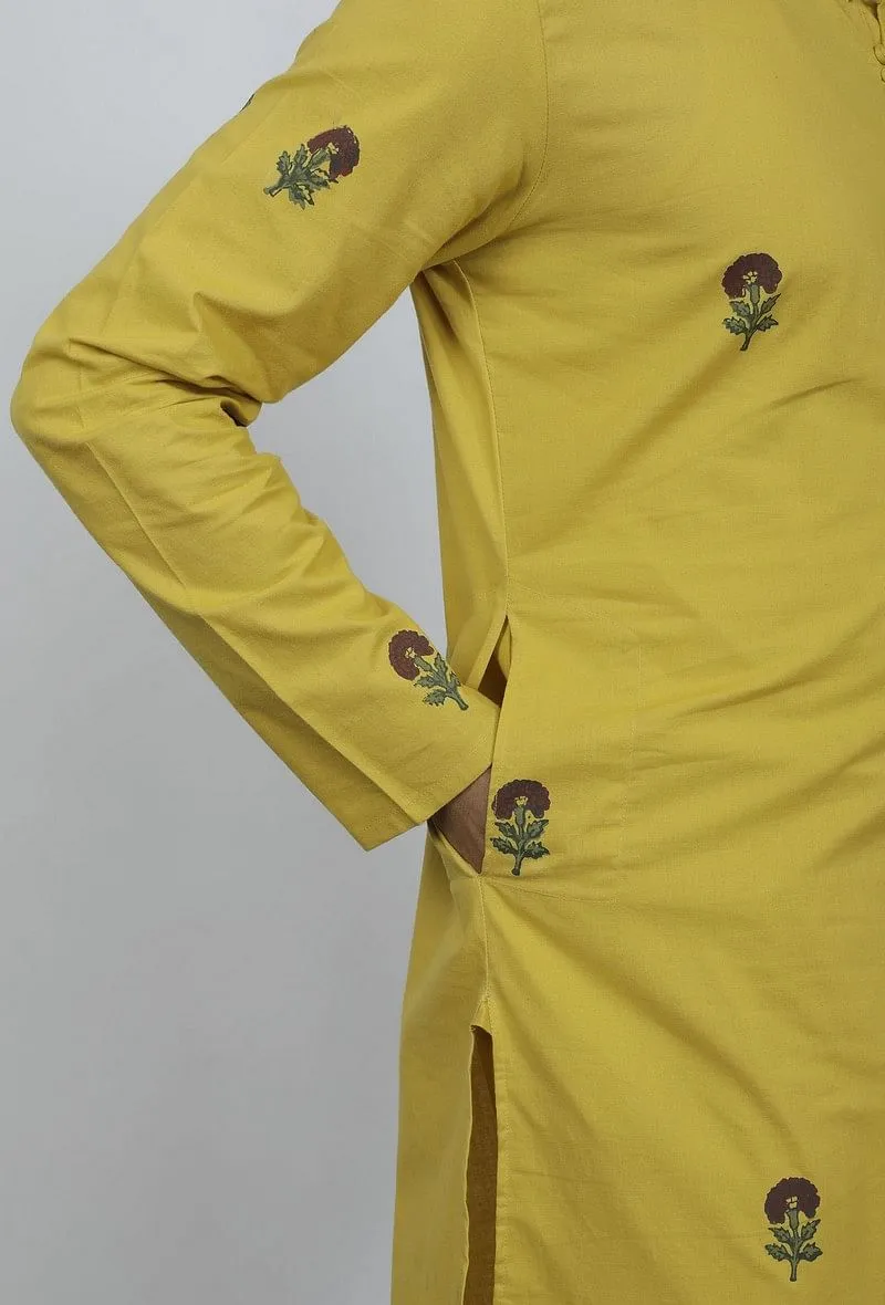 Set Of 2: Bright Yellow Cotton Block Print Kurta and Pyjama