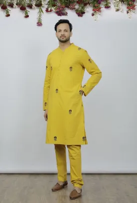 Set Of 2: Bright Yellow Cotton Block Print Kurta and Pyjama