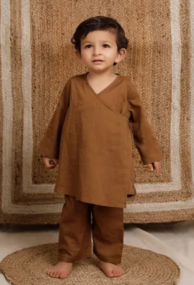 Set Of 2: Brown Wrap Around Mul Mul Kurta With Brown Pant