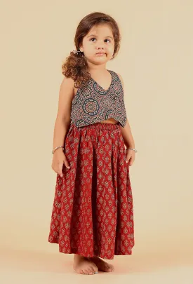 Set Of 2: Luna Indigo Ajrakh Print Cotton Top & Madder Red Skirt