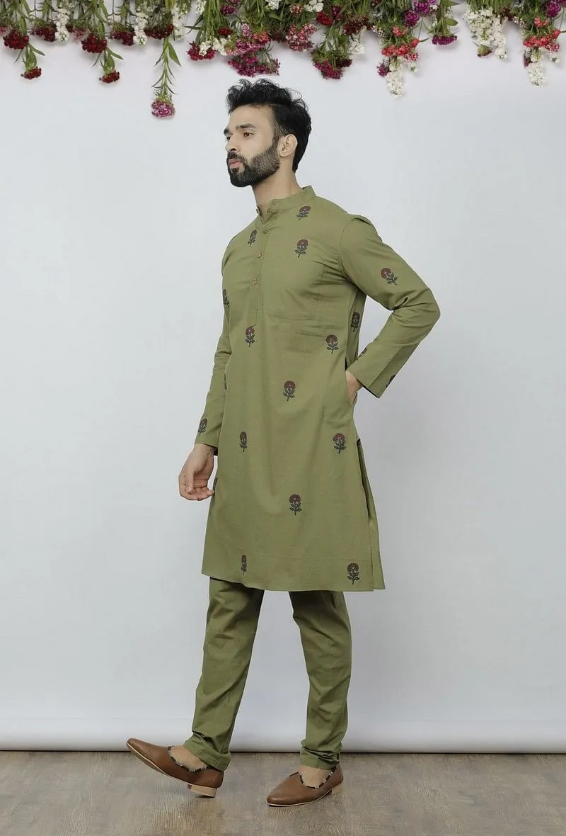 Set of 2 - Olive Green Kurta & Pyjama