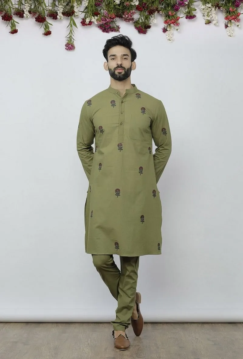 Set of 2 - Olive Green Kurta & Pyjama