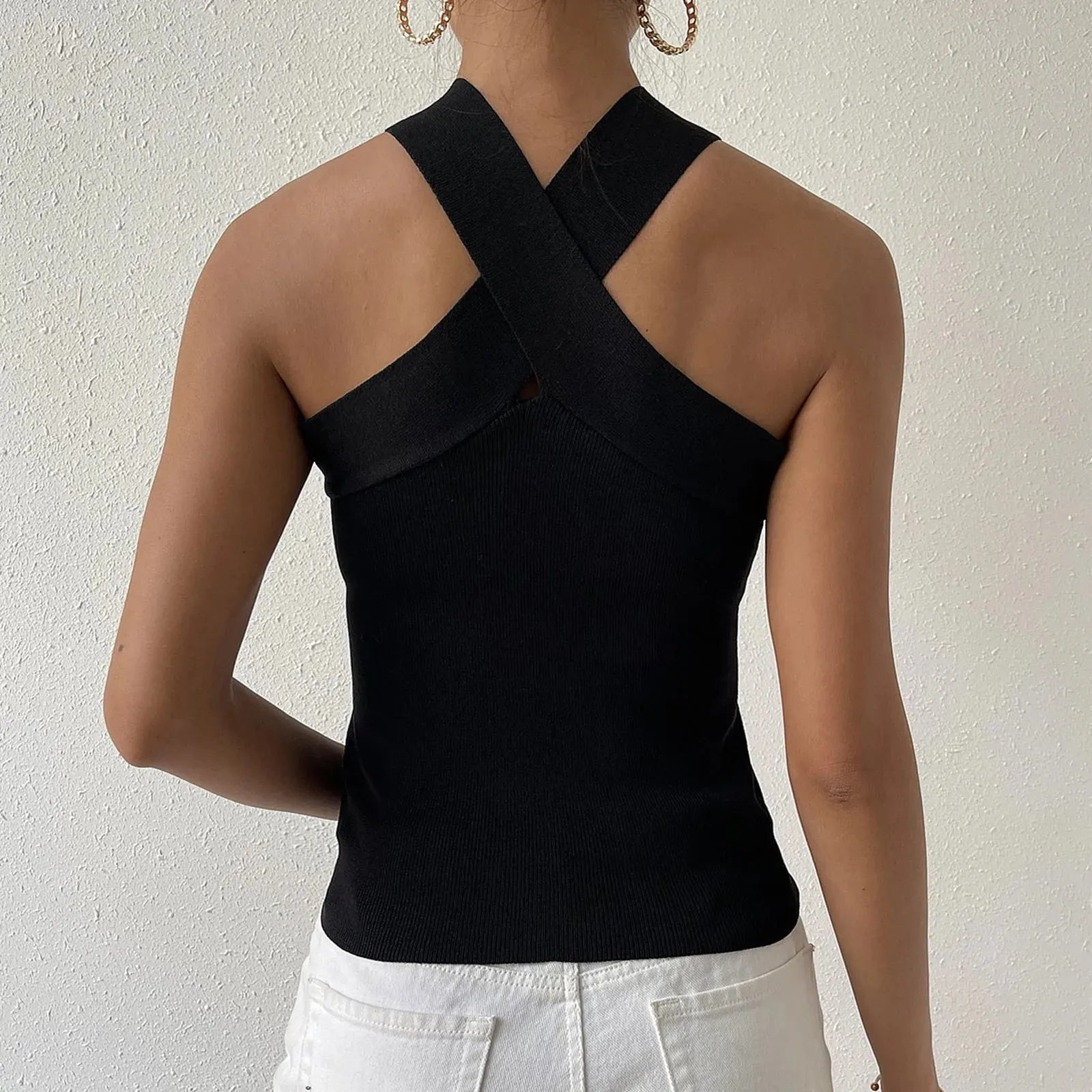 Simple Sexy Knitted Suspender Cross Halter Dew Shoulder Streetwear Cami Top for Summer