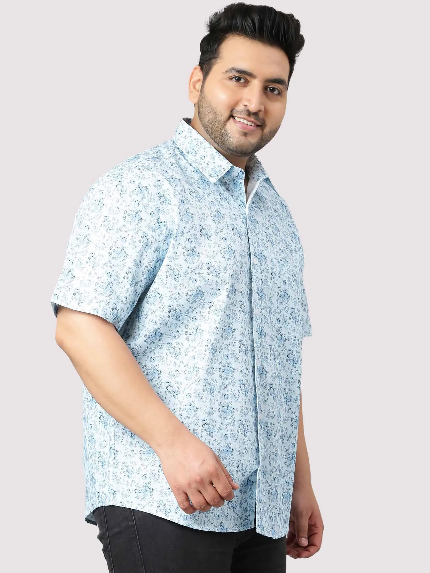 Sky Blue Floral Print Half Sleeve Shirt Men's Plus Size