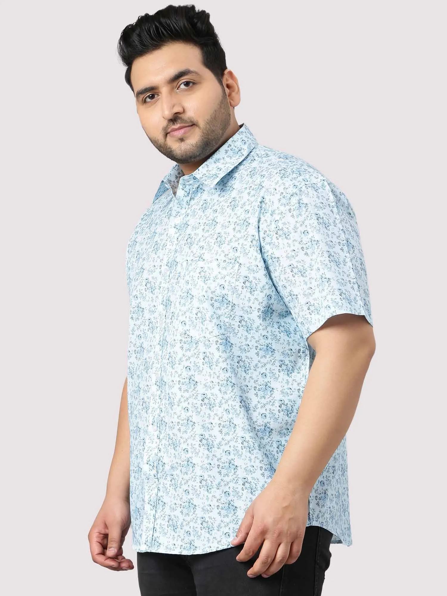 Sky Blue Floral Print Half Sleeve Shirt Men's Plus Size