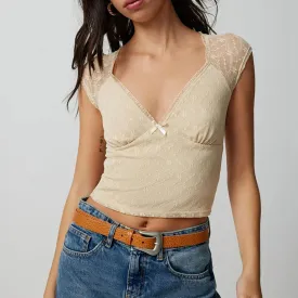 Summer Sexy Tops Slim Lace Crop Tops Cap Sleeve Deep V-Neck Bow Front Tank Women's Top