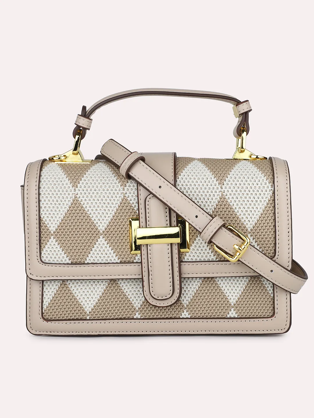 Women Beige Geometric Textured Structured Satchel Sling