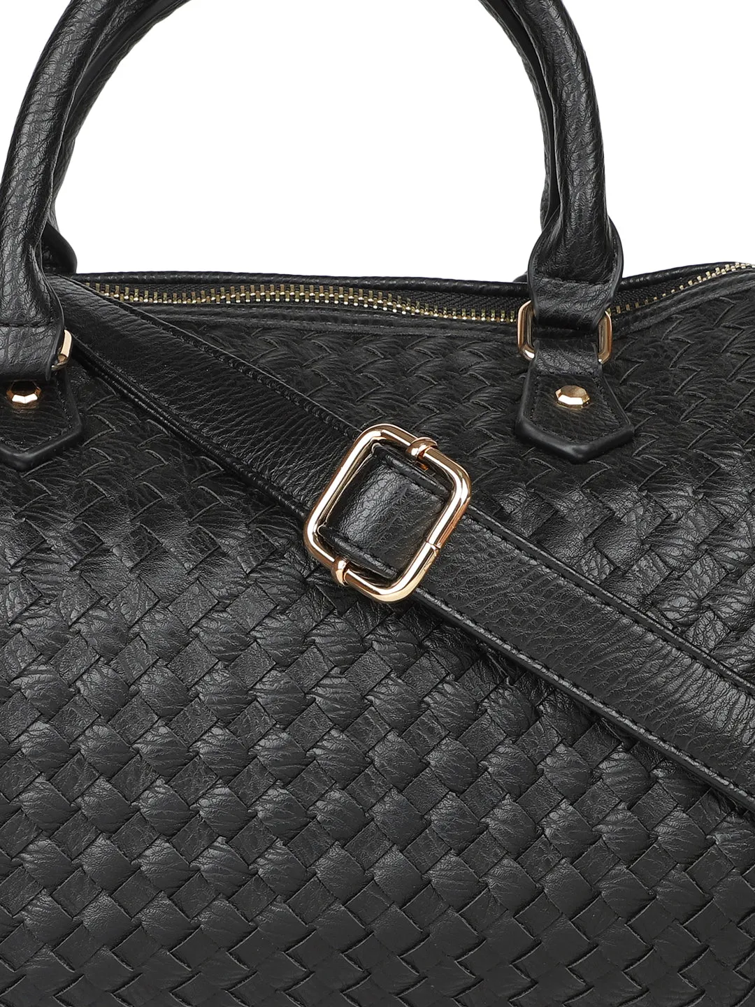 Women Black Woven Textured Structured Handheld Bag