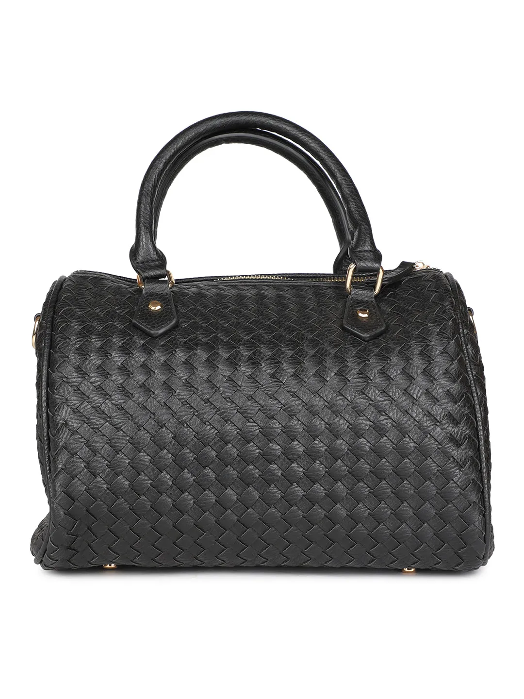 Women Black Woven Textured Structured Handheld Bag